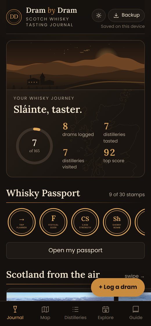 The app's journal page with drams logged and passport stamps