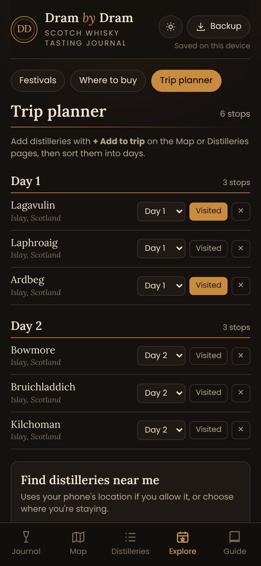 The trip planner with Islay distilleries by day